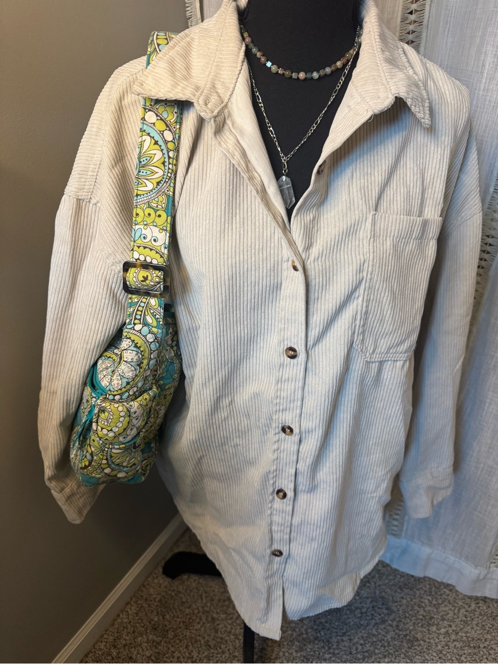 Light Beige Corduroy Button-Up Shirt Jacket - Women's Neutral Overshirt